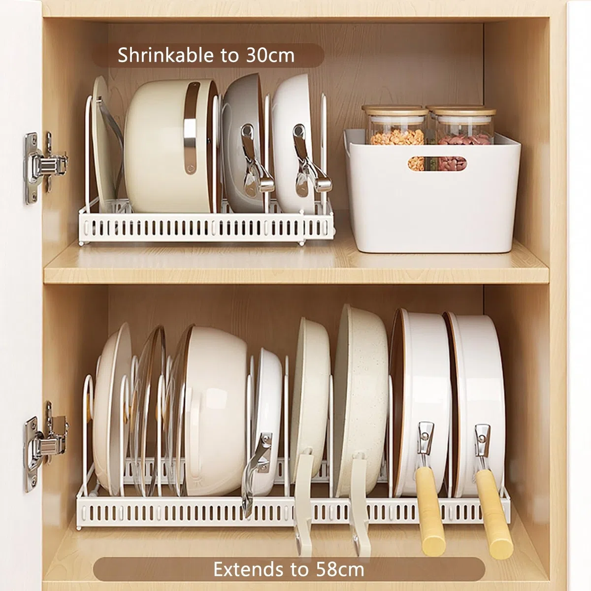 Support Extensible pour organisateurs de casseroles et poêles avec 10 Compartiments réglables, Support de casseroles de Cuisine Peu encombrant pour comptoirs et armoires (Blanc) (Blanc * 10)
