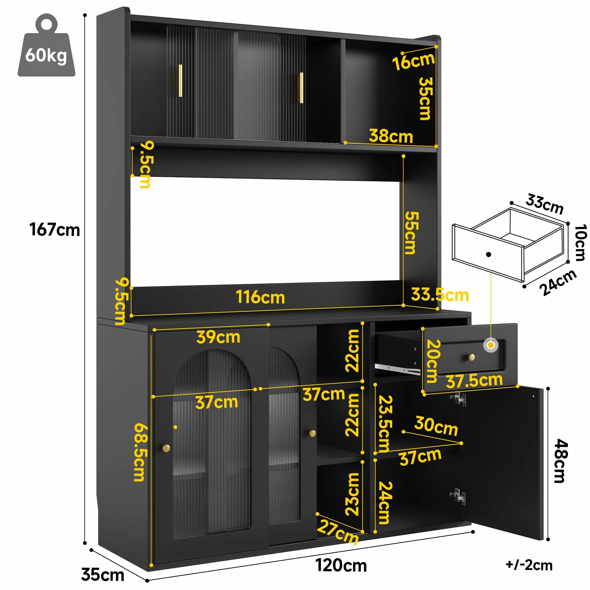 Armoire de cuisine avec éclairage LED, armoire haute, noire, MDF et panneau de particules, 120 x 35 x 167 cm, étagères réglables, portes en verre