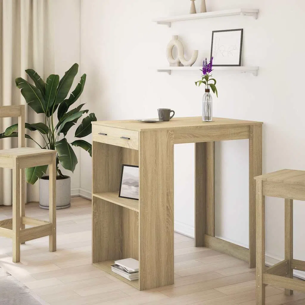 Table de Bar chêne Sonoma en Bois d'ingénierie 102x70x103,5 cm avec tiroir et étagères, Meuble de Rangement pour Cuisine Salon Salle à Manger Espace Convivial