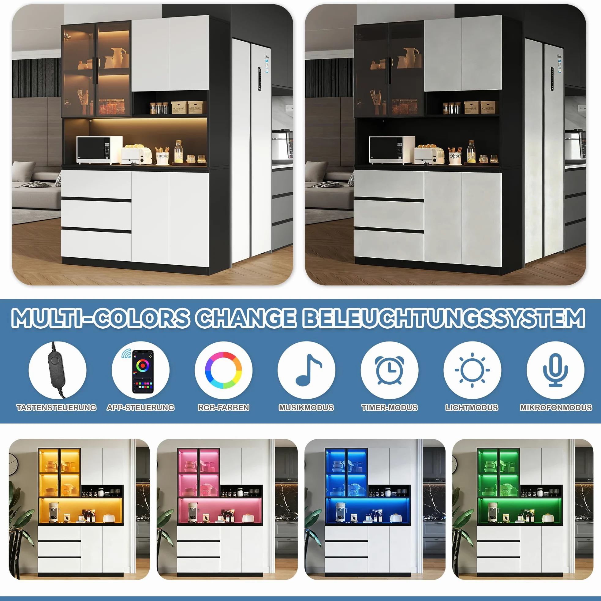 Armoire de cuisine avec éclairage 120,5 × 40 × 180 cm – Vitrine de cuisine avec 3 tiroirs et 6 portes, armoire de cuisine individuelle avec étagères, pour vaisselle et micro-ondes, blanc/noir