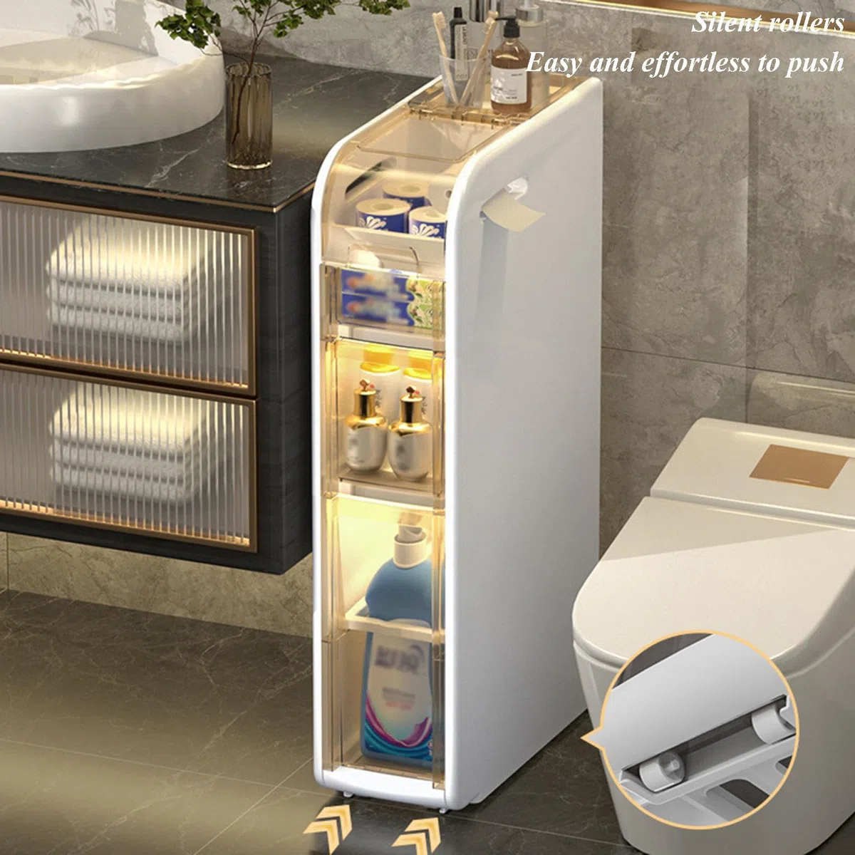 Meuble de rangement étroit autonome avec portes et roulettes, grand organisateur pour cuisine, couloir, salon, chambre à coucher, toilettes, buanderie – Design blanc élégant