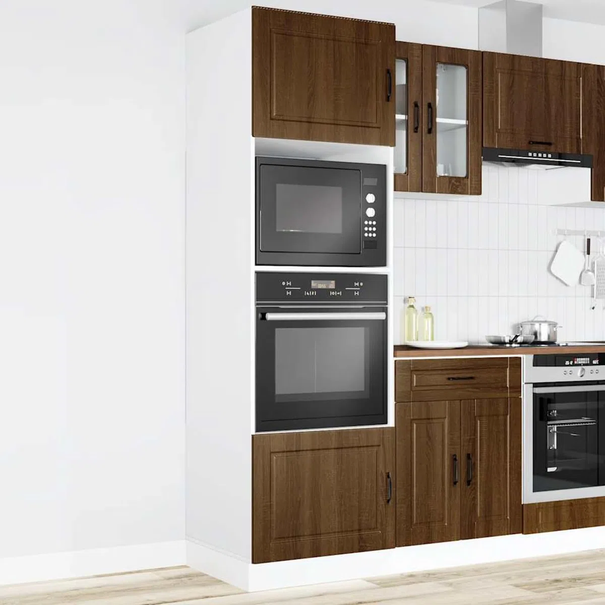 ATOMSTACK MAKER Lot de 2 armoires de cuisinière (60 x 57 x 207 cm, aspect chêne marron) – Pieds réglables, matériau en bois, pour cuisine encastrée, armoire de four et micro-ondes, peu encombrant et