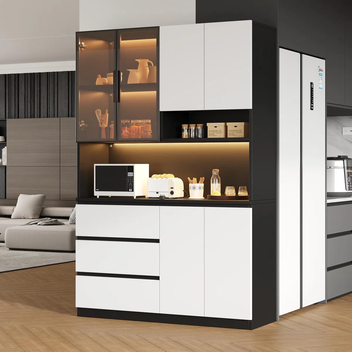 Armoire de cuisine avec éclairage 120,5 × 40 × 180 cm – Vitrine de cuisine avec 3 tiroirs et 6 portes, armoire de cuisine individuelle avec étagères, pour vaisselle et micro-ondes, blanc/noir