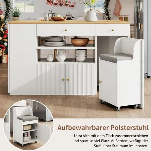 STAPERFO Îlot de cuisine avec tabourets de bar extensibles : armoire de cuisine, blanc, 140 x 40 (70) x 89 cm, buffet avec 6 tiroirs et roulettes, espace de rangement et tabouret comme rangement