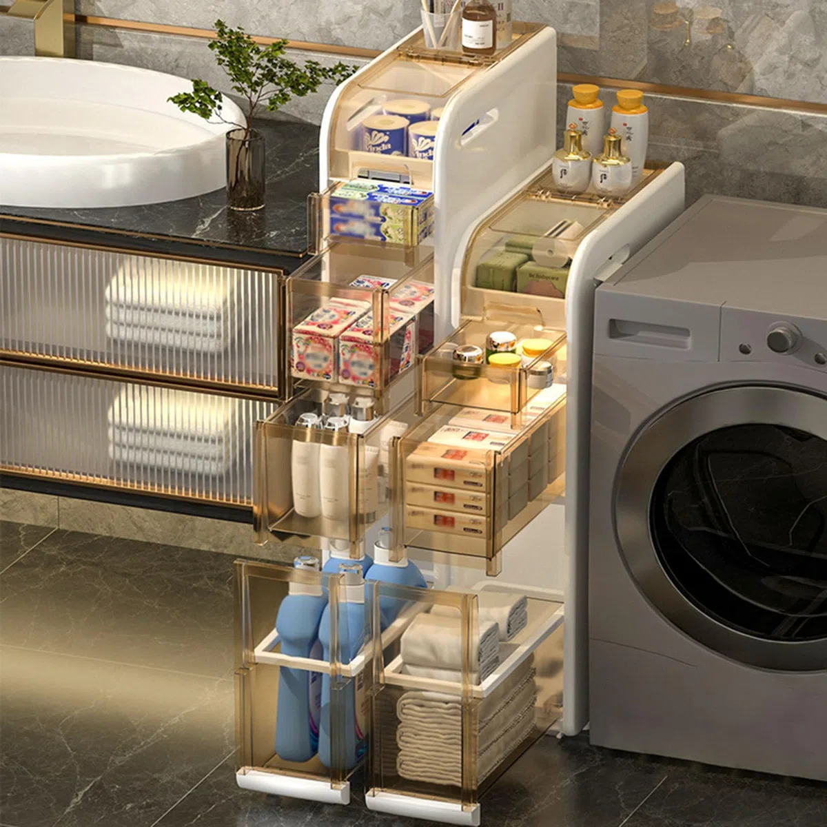 Meuble de rangement étroit autonome avec portes et roulettes, grand organisateur pour cuisine, couloir, salon, chambre à coucher, toilettes, buanderie – Design blanc élégant