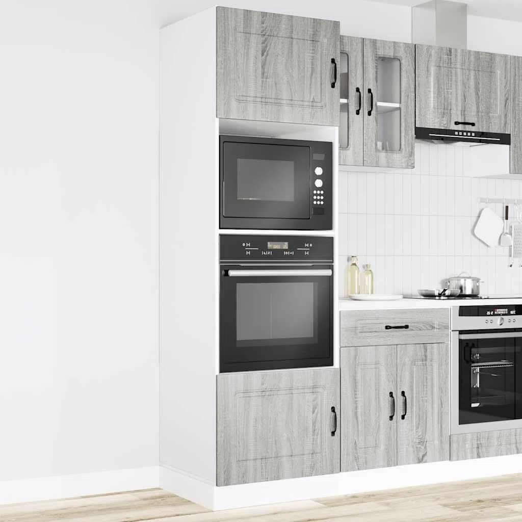 Armoires de Four 2 pièces Kalmar en Bois d'ingénierie Gris Sonoma 60x57x207 cm avec Pieds réglables, Rangement Micro-Ondes, Meuble Placard Compact pour Cuisine et Salle à Manger