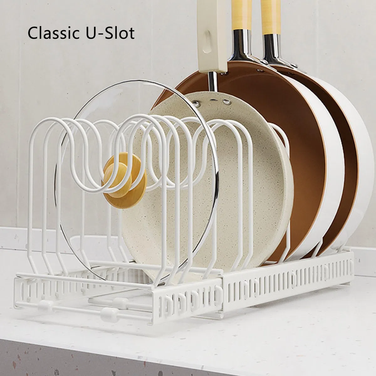 Support Extensible pour organisateurs de casseroles et poêles avec 10 Compartiments réglables, Support de casseroles de Cuisine Peu encombrant pour comptoirs et armoires (Blanc) (Blanc * 10)