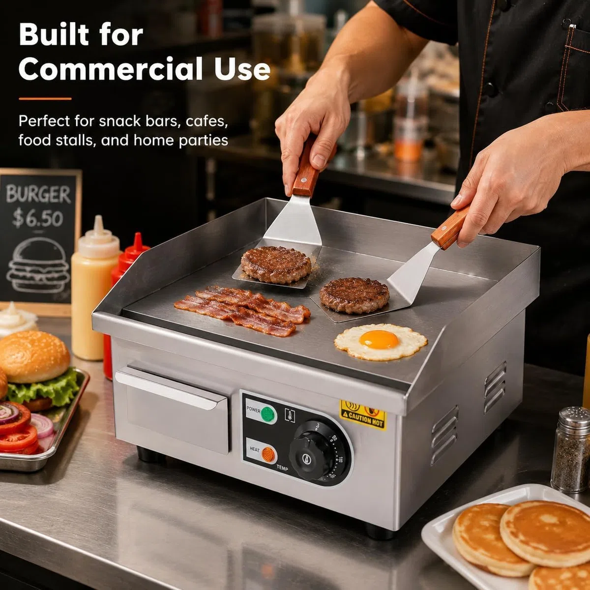 Plaque de cuisson électrique professionnelle, 35,5 cm (14 pouces) en acier inoxydable avec pelle et brosse à huile, plaque de cuisson de comptoir en acier inoxydable restaurants, plage de température