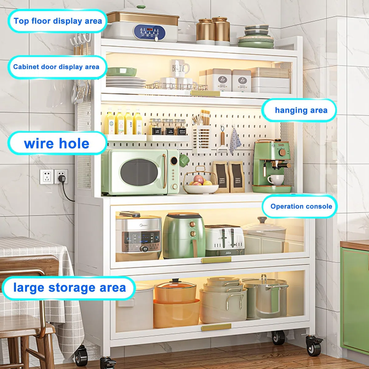 Grande armoire de rangement de cuisine noire – Étagère de four à micro-ondes et bar à café avec portes battantes – Étagère de comptoir pour la maison, le bureau, le garde-manger, le garage