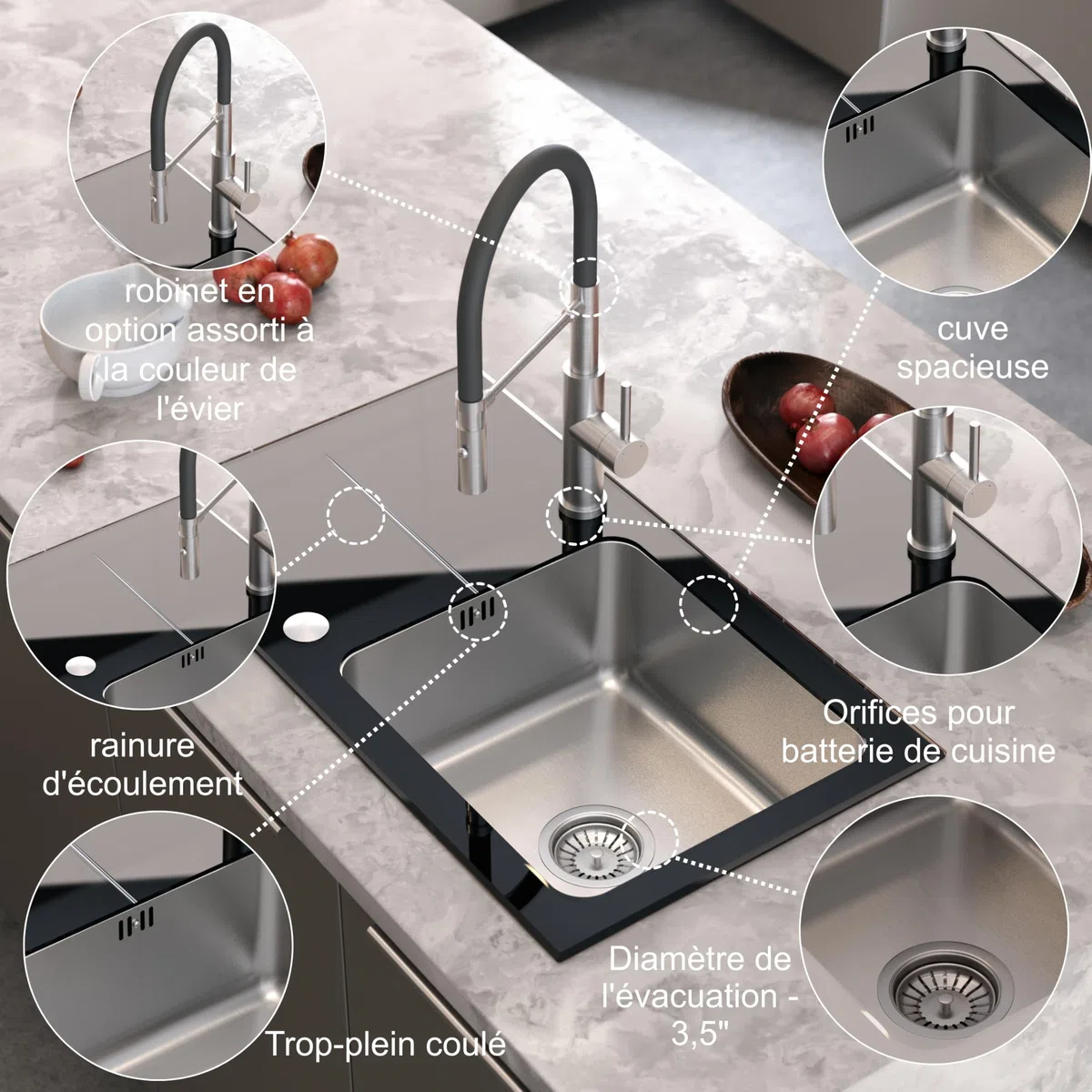 QUADRON Evier en verre Evier cuisine | Taille 77 x 44 x 19 cm, Couleur: Noir | HUGH 111 Verre trempé Evier monocuve | Evier de cuisine simple en acier inoxydable | evier cuisine 1 bac