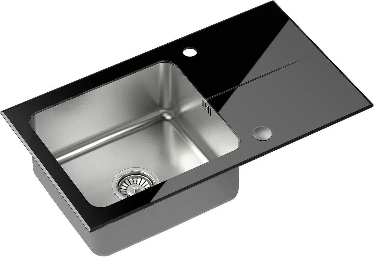 QUADRON Evier en verre Evier cuisine | Taille 77 x 44 x 19 cm, Couleur: Noir | HUGH 111 Verre trempé Evier monocuve | Evier de cuisine simple en acier inoxydable | evier cuisine 1 bac