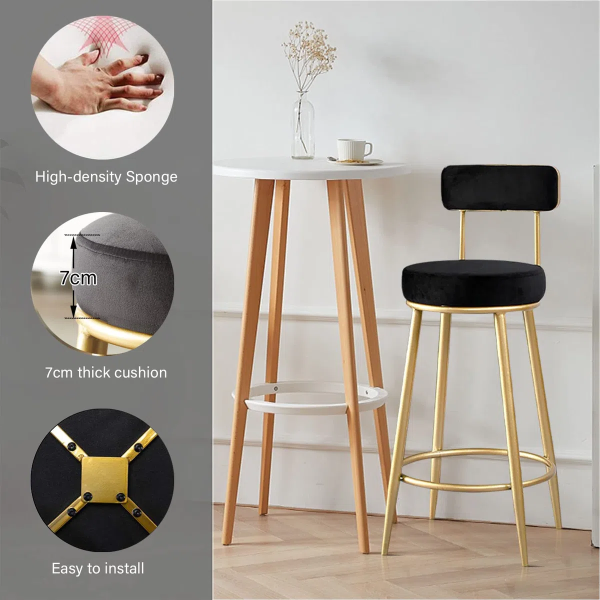 Ensemble de 2 tabourets de Bar Hauts en Velours Noir avec Dossier et Pieds