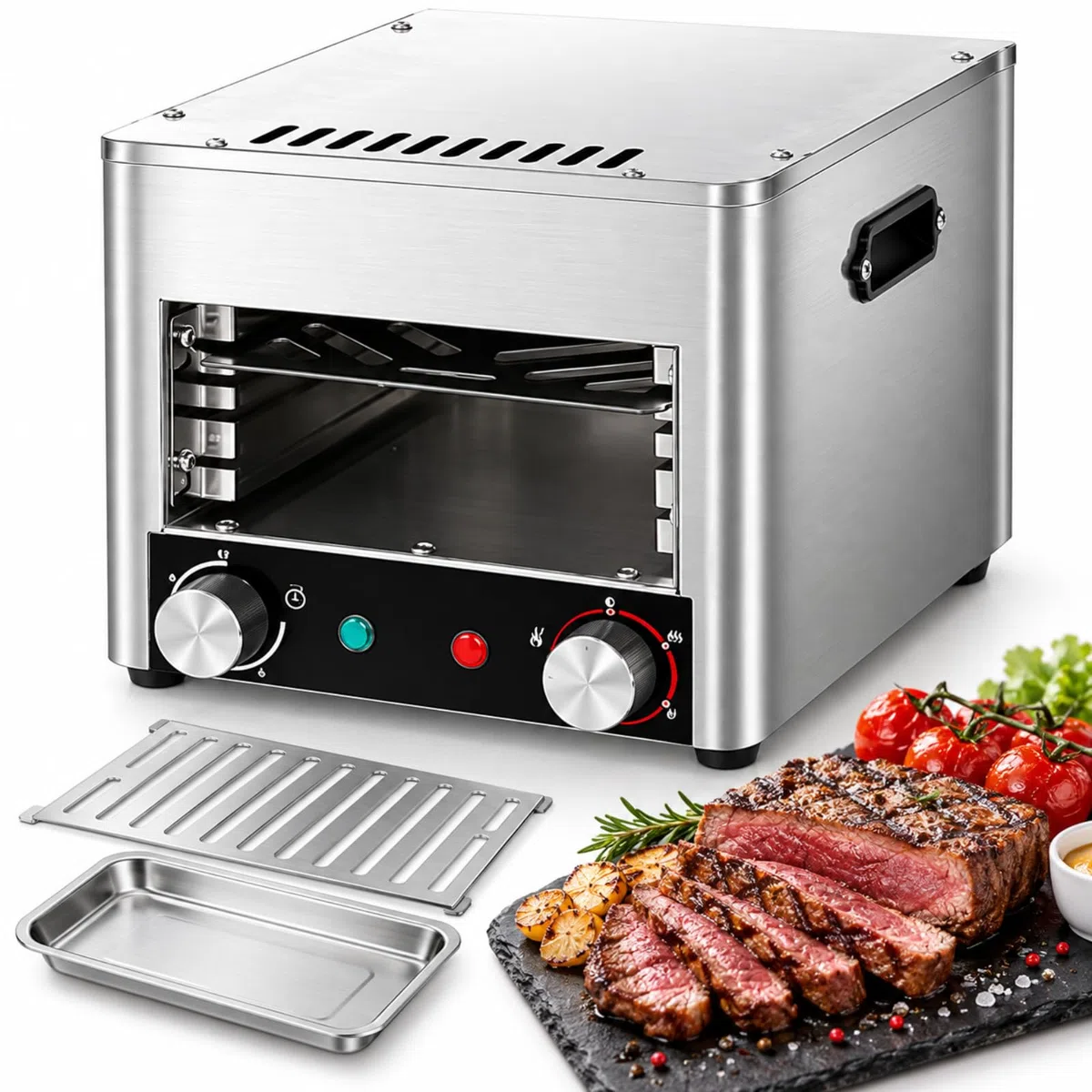 Gril Électrique Sans Fumée Pour Usage Intérieur, Four À Steak Professionnel 800 °c, Livré Avec Plateau De Cuisson Et Grille, 500-800 °c, Minuterie 0-10 Min Pour Steak, Agneau Et Fruits De Mer