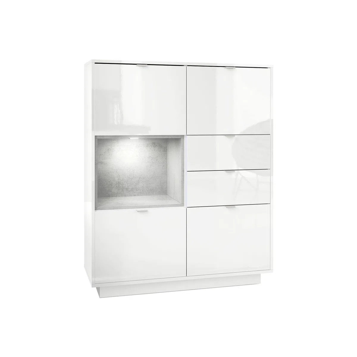 Vladon Buffet Haut Armoire Metro, Corps en Blanc Haute Brillance/Façades en Blanc Haute Brillance avec Une Insertion en Aspect Béton Oxyde, INCL. L'éclairage LED