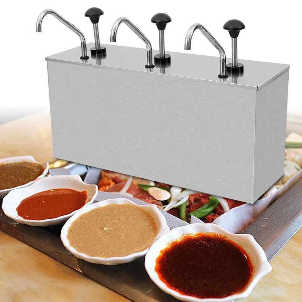Distributeur de sauce en acier inoxydable - 3 x 4 l - Distributeur à pompe - Distributeur de sauce - Distributeur d'épices - Distributeur de restauration - Ketchup - Pompe à sauce -