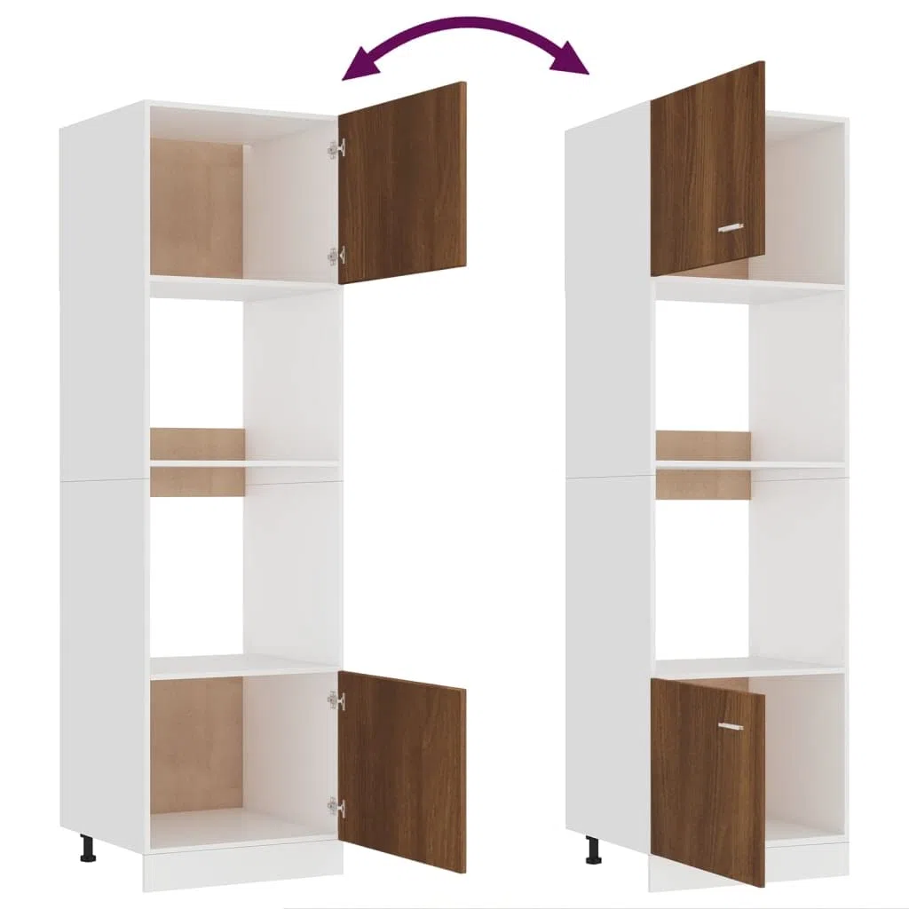 Armoire à micro-ondes Lyon marron aspect chêne 60 x 57 x 207 cm, armoire de cuisine haute avec 4 compartiments, espace de rangement et porte, armoire de rangement pour plan de travail, salle