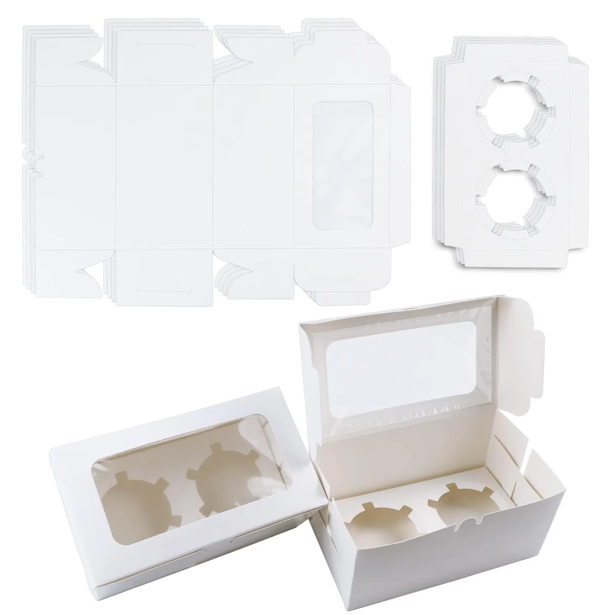 Lot de 30 boîtes à cupcakes en papier blanc avec 2 cavités et fenêtre transparente - 2 boîtes à friandises pour cupcakes et gâteaux