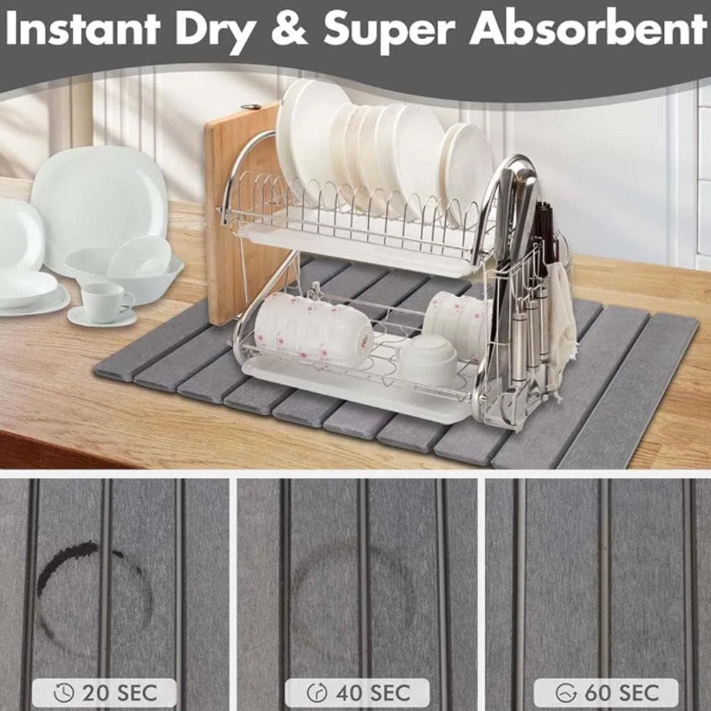 Tapis de séchage rapide en pierre - Pliable et antidérapant - En diatomite - Respectueux de l'environnement - Plateau de séchage instantané idéal pour les plans de travail en marbre (gris foncé