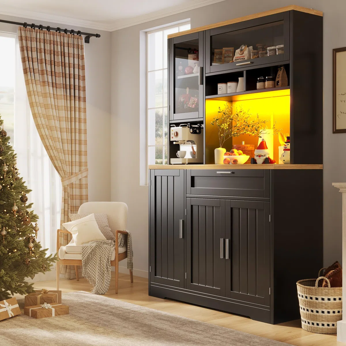 Armoire de cuisine haute avec éclairage LED, 104 x 40 x 180 cm, blanc et noir, vitrine avec portes en verre, pour cuisine, salon