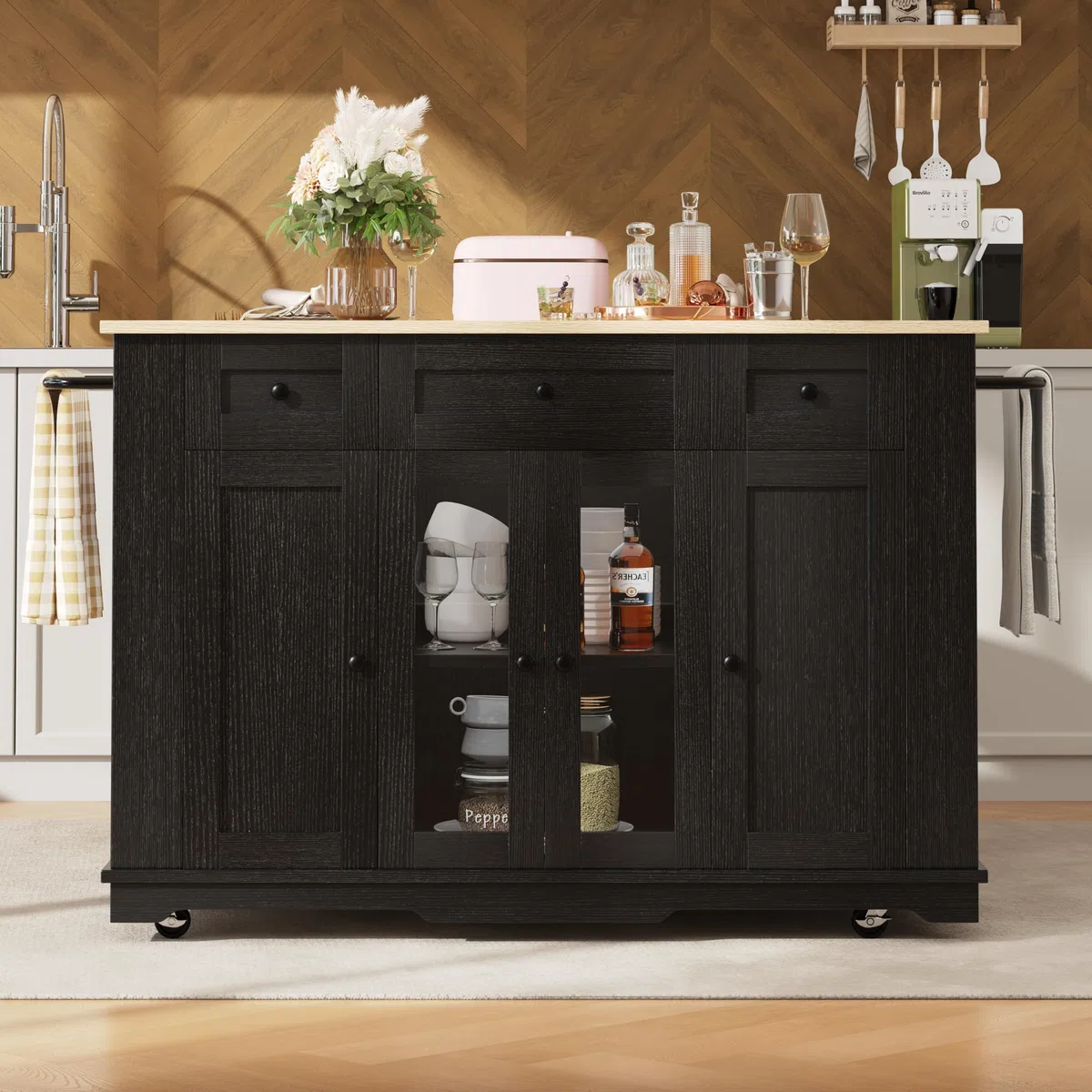 Chariot de cuisine avec roulettes, îlot de cuisine multifonction avec plan de travail, 3 tiroirs, cloisons amovibles, chariot de cuisine avec plan de travail pliable pour cuisine, salle à