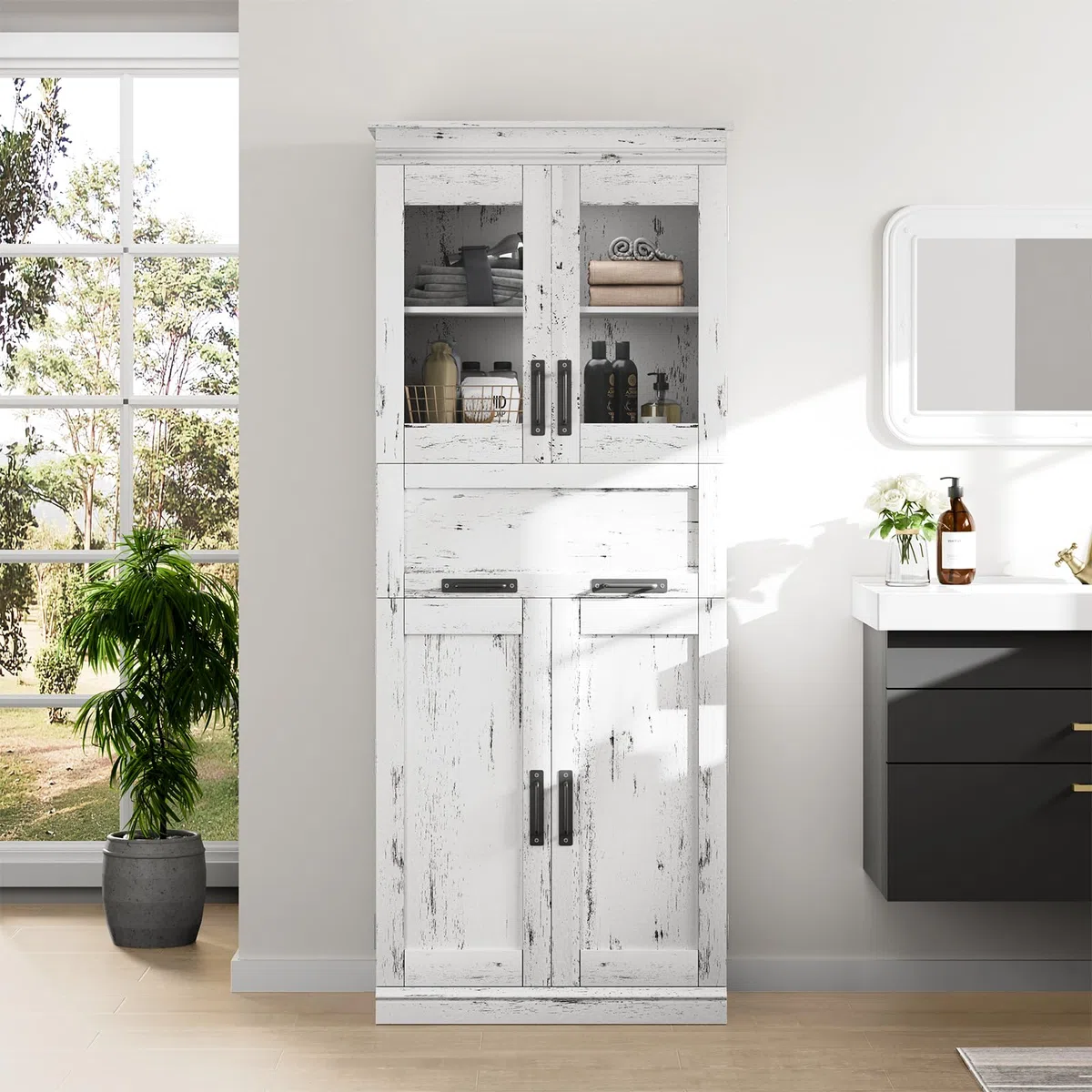 Garvee Armoire Haute Salle de Bain, Colonne, Meuble de Rangement à 4 Portes, Étagères Réglables Et Compartiments Tiroirs pour Cuisine, Salon 60x30x170cm