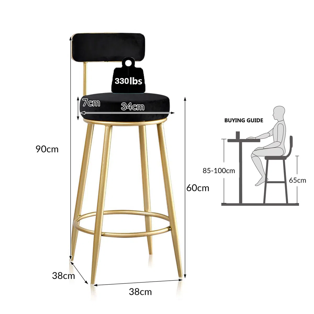 Ensemble de 2 tabourets de Bar Hauts en Velours Noir avec Dossier et Pieds