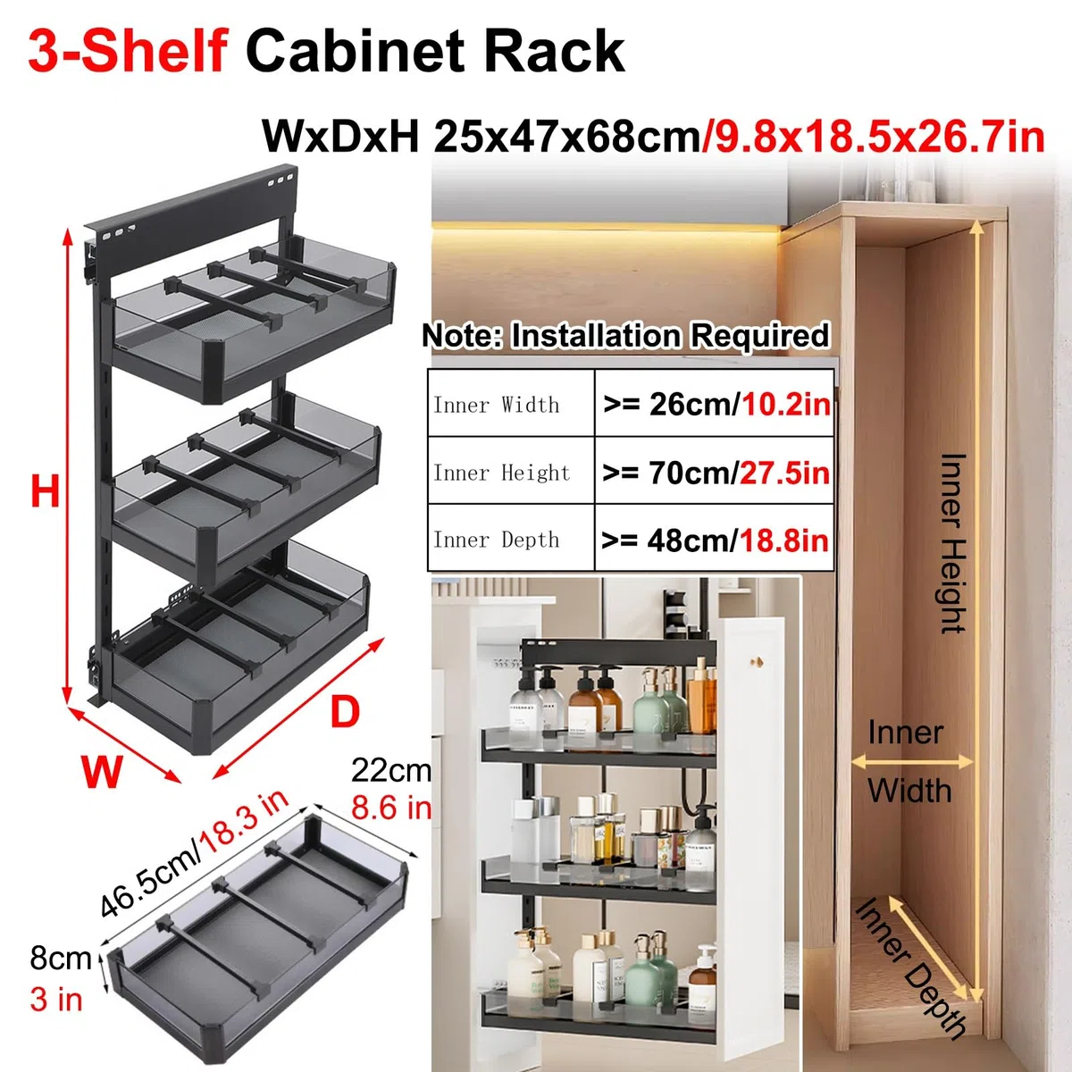 Panier de rangement coulissant réglable à 3 niveaux pour armoires de cuisine/salle de bain, pour grandes bouteilles d'épices, canettes, essentiels (24,9 x 47 x 67,8 cm)