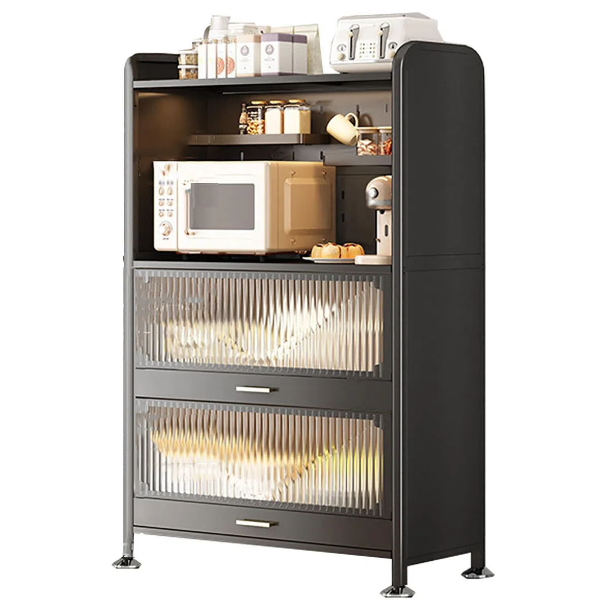 Étagère de cuisine industrielle à 4 niveaux avec crochets - Meuble de rangement pour micro-ondes - 62 x 38 x 150 cm - Parfait pour la maison et le bureau