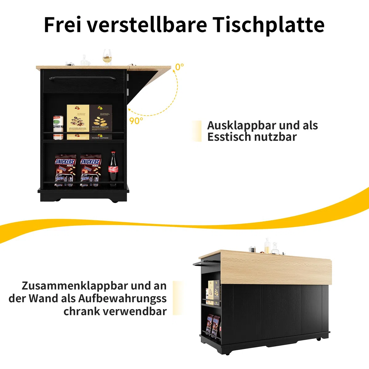 Chariot de cuisine avec roulettes, îlot de cuisine multifonction avec plan de travail, 3 tiroirs, cloisons amovibles, chariot de cuisine avec plan de travail pliable pour cuisine, salle à