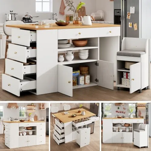 STAPERFO Îlot de cuisine avec tabourets de bar extensibles : armoire de cuisine, blanc, 140 x 40 (70) x 89 cm, buffet avec 6 tiroirs et roulettes, espace de rangement et tabouret comme rangement