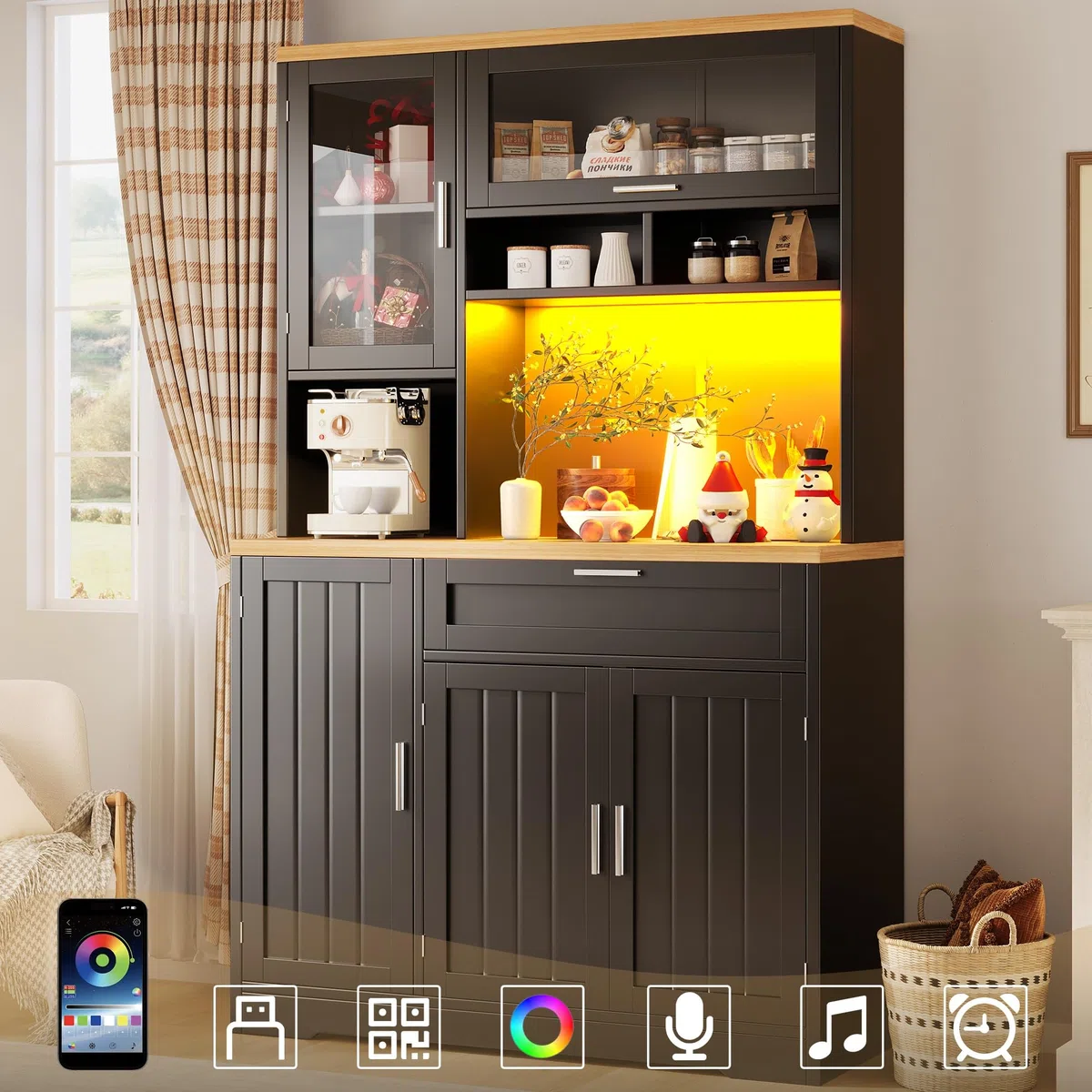 Armoire de cuisine haute avec éclairage LED, 104 x 40 x 180 cm, blanc et noir, vitrine avec portes en verre, pour cuisine, salon
