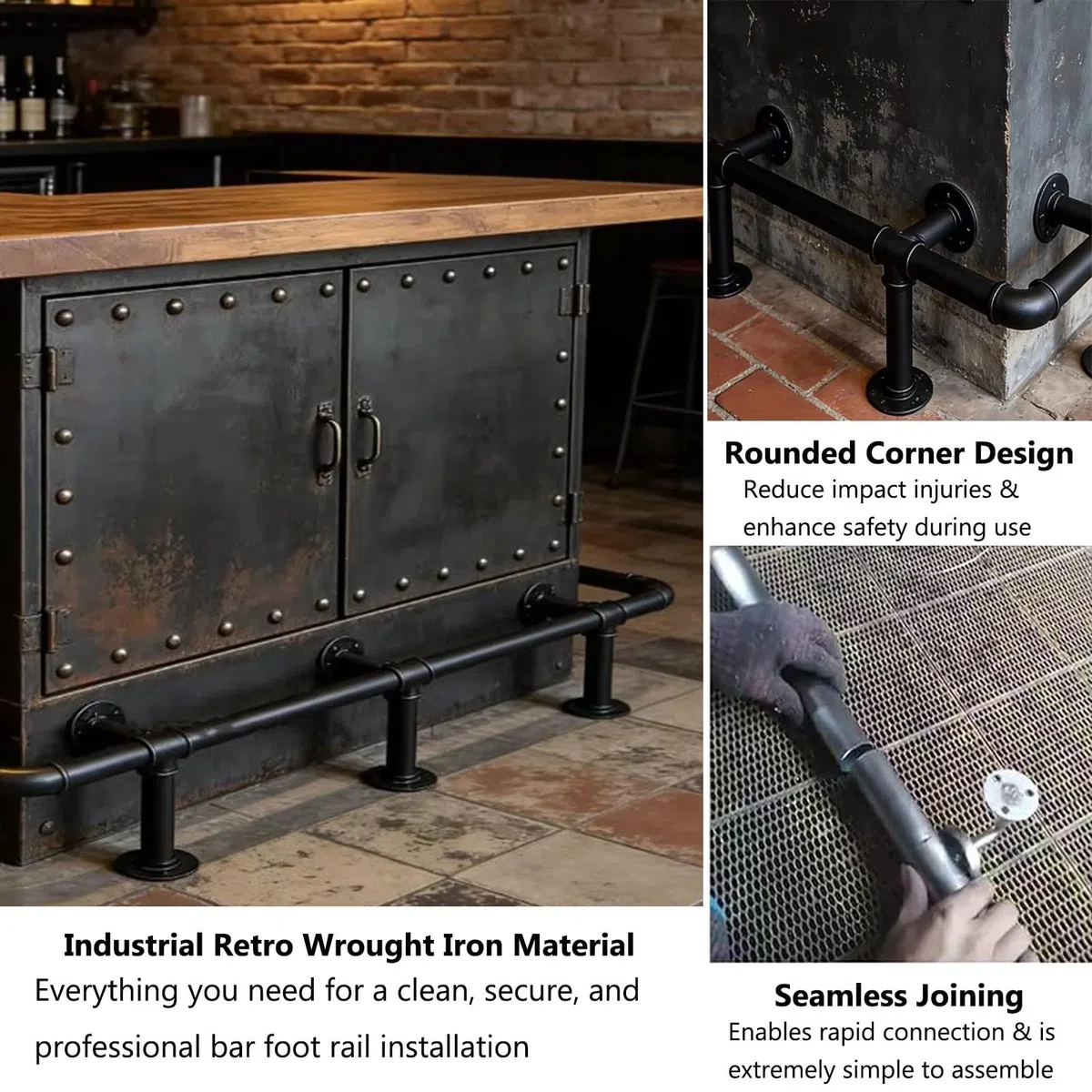 Repose-pieds de bar industriel réglable – Support noir mat revêtu de zinc de 1,5 m, support pour usage domestique et commercial, parfait pour les bars, les cafés et les cafés (4,5 m au choix)