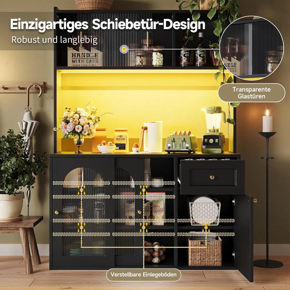 Armoire de cuisine avec éclairage LED, armoire haute, noire, MDF et panneau de particules, 120 x 35 x 167 cm, étagères réglables, portes en verre