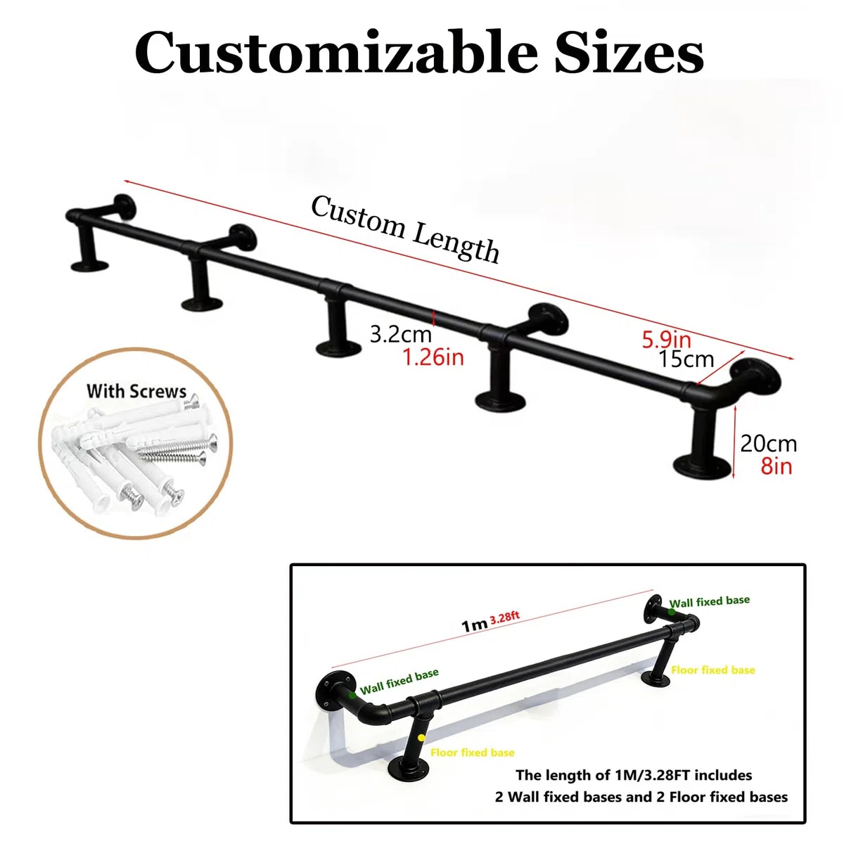 Repose-pieds de bar industriel réglable – Support noir mat revêtu de zinc de 1,5 m, support pour usage domestique et commercial, parfait pour les bars, les cafés et les cafés (4,5 m au choix)
