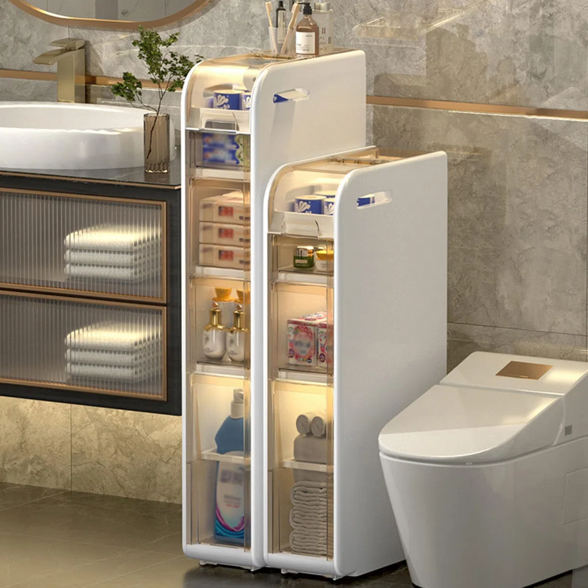 Meuble de rangement étroit autonome avec portes et roulettes, grand organisateur pour cuisine, couloir, salon, chambre à coucher, toilettes, buanderie – Design blanc élégant