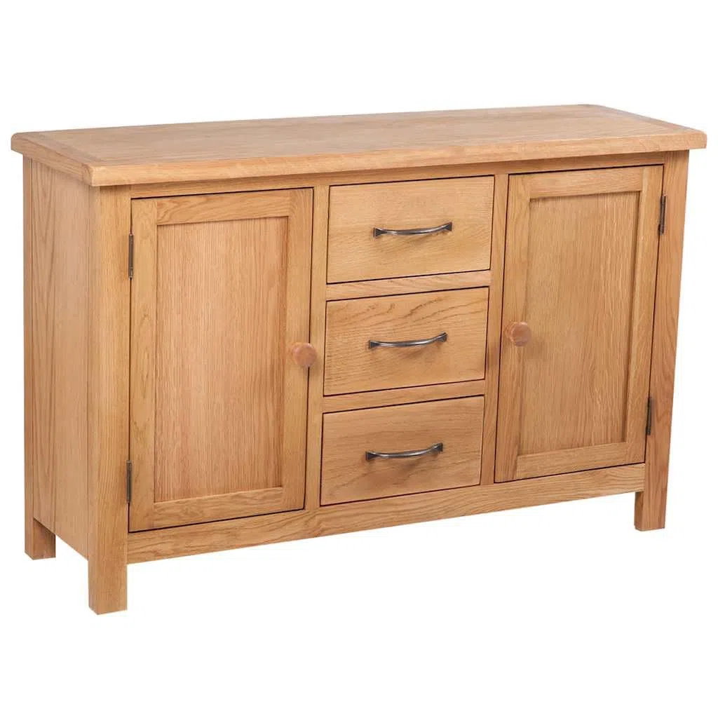 Buffet rustique en chêne massif avec 3 tiroirs et 2 compartiments - 110 x 33,5 x 70 cm - Pour salon, salle à manger, couloir - Montage facile