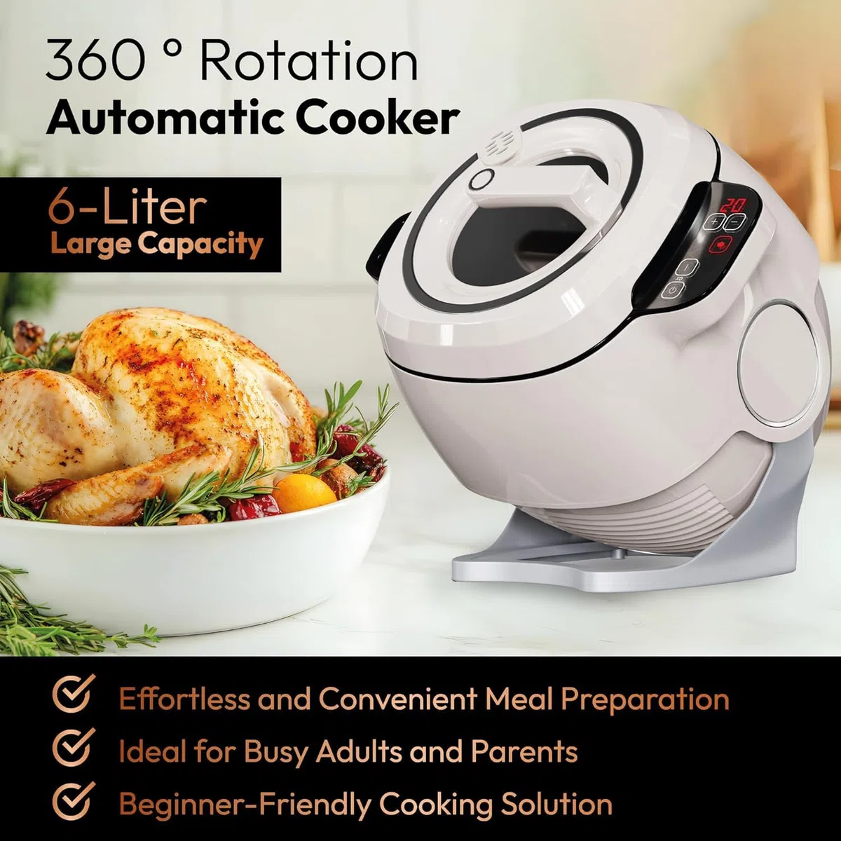 Cuiseur Automatique Portable pour Sautés, 2000 W, 6 L, Démarrage Intelligent en Un Clic, Trois Vitesses Réglables, Rotation Automatique à 360 °, pour Sautés et Ragoûts