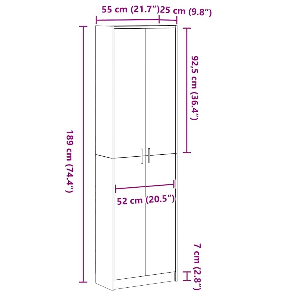 Armoire gris Sonoma 55 x 25 x 189 cm en bois avec 5 étagères, 2 portes, rangement spacieux pour vêtements, garde-robe, manteau et chaussures, armoire de chambre moderne