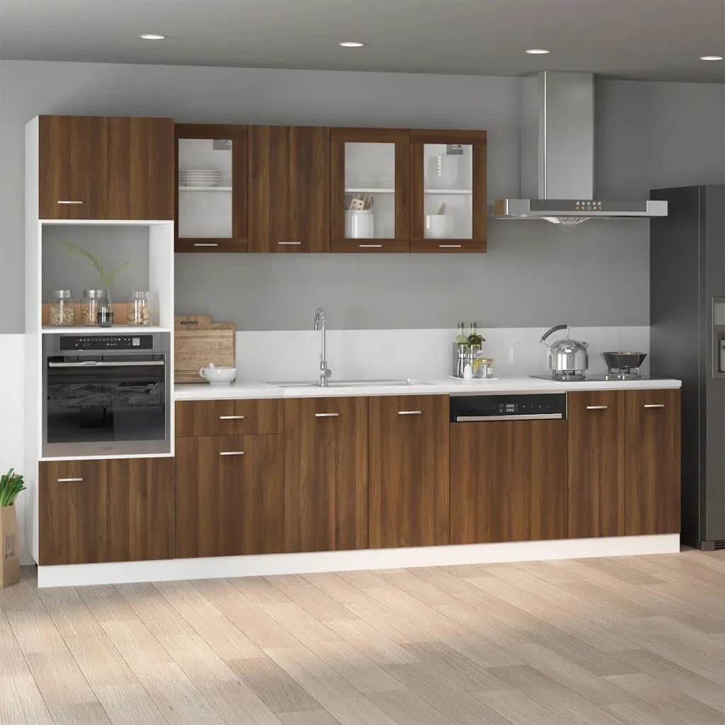 Armoire à micro-ondes Lyon marron aspect chêne 60 x 57 x 207 cm, armoire de cuisine haute avec 4 compartiments, espace de rangement et porte, armoire de rangement pour plan de travail, salle