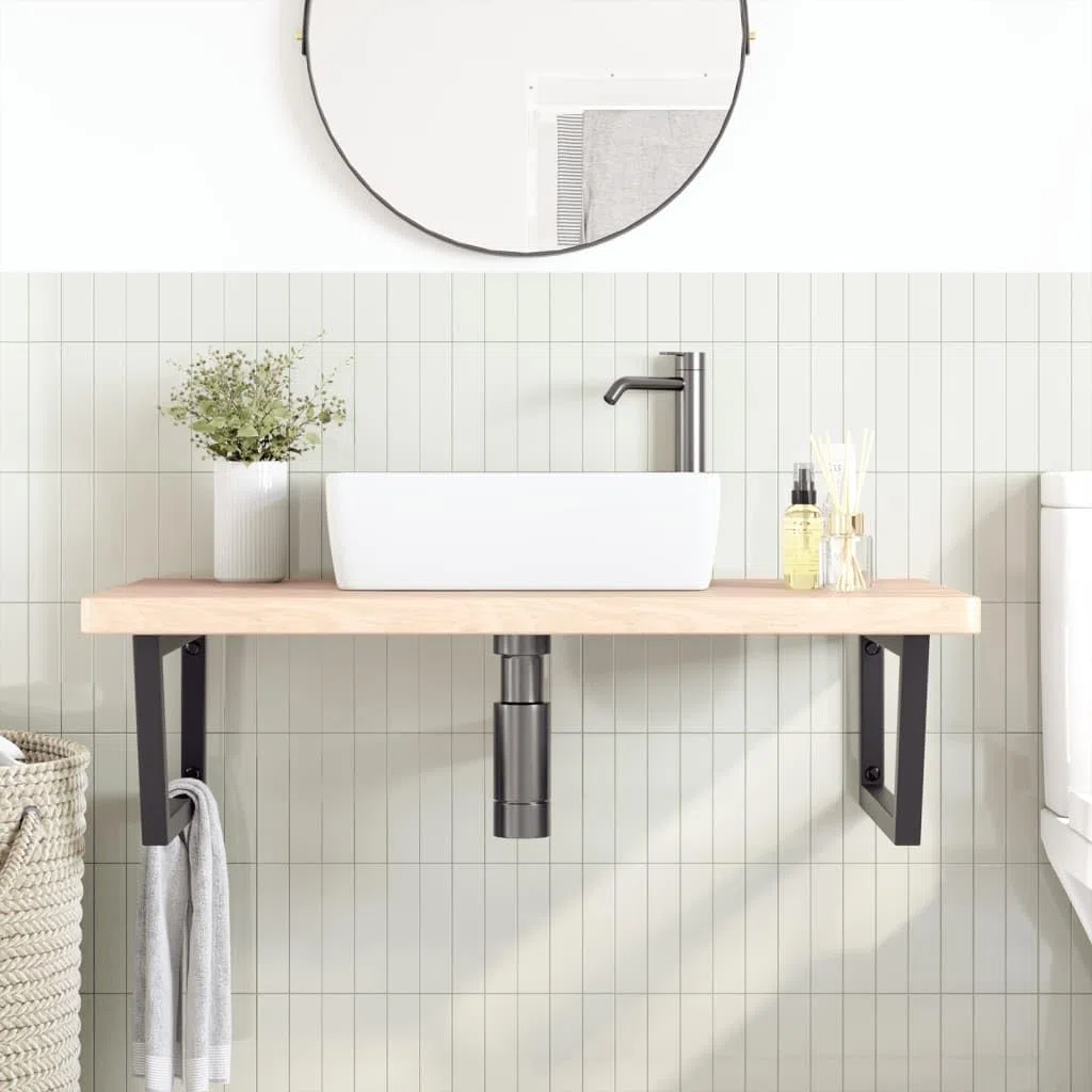 Plateau de lavabo avec support en acier et bois massif chêne - Armoire de cuisine - Armoire de salle de bain - Armoire de cuisine pour salon, toilettes, chambre d'amis, salle de bain