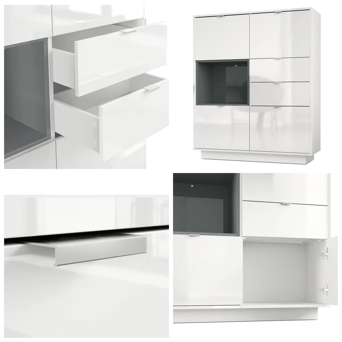 Vladon Buffet Haut Armoire Metro, Corps en Blanc Haute Brillance/Façades en Blanc Haute Brillance avec Une Insertion en Aspect Béton Oxyde, INCL. L'éclairage LED