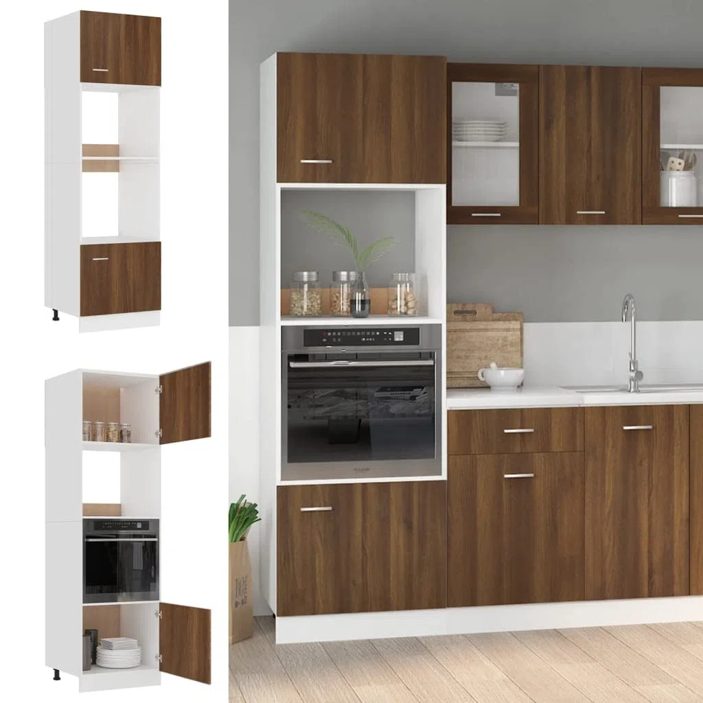 Armoire à micro-ondes Lyon marron aspect chêne 60 x 57 x 207 cm, armoire de cuisine haute avec 4 compartiments, espace de rangement et porte, armoire de rangement pour plan de travail, salle