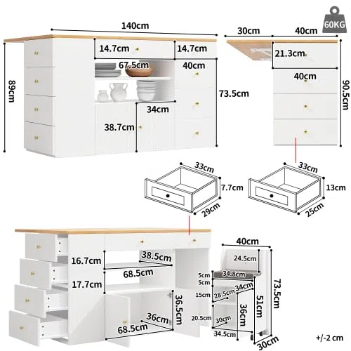 STAPERFO Îlot de cuisine avec tabourets de bar extensibles : armoire de cuisine, blanc, 140 x 40 (70) x 89 cm, buffet avec 6 tiroirs et roulettes, espace de rangement et tabouret comme rangement