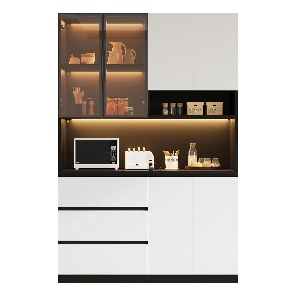 Armoire de cuisine avec éclairage 120,5 × 40 × 180 cm – Vitrine de cuisine avec 3 tiroirs et 6 portes, armoire de cuisine individuelle avec étagères, pour vaisselle et micro-ondes, blanc/noir