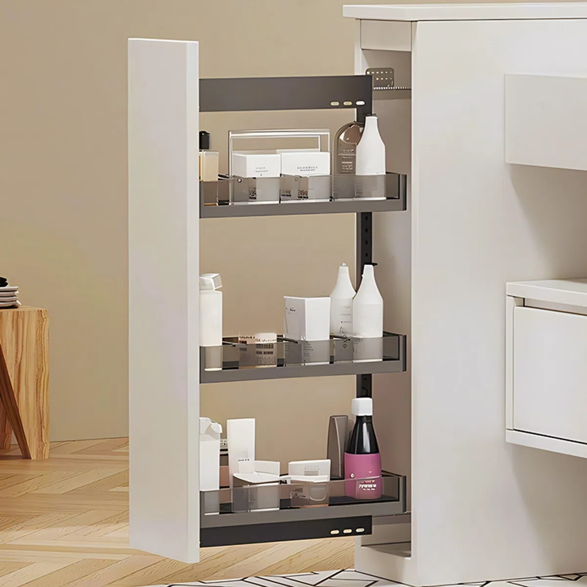 Panier de rangement coulissant réglable à 3 niveaux pour armoires de cuisine/salle de bain, pour grandes bouteilles d'épices, canettes, essentiels (24,9 x 47 x 67,8 cm)