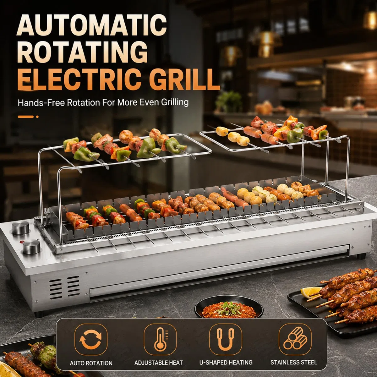Gril Rotatif Portable, Barbecue en Acier Inoxydable à Retournement 10-Skewers