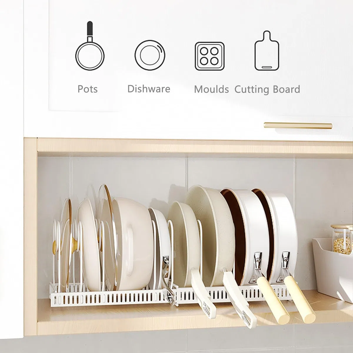 Support Extensible pour organisateurs de casseroles et poêles avec 10 Compartiments réglables, Support de casseroles de Cuisine Peu encombrant pour comptoirs et armoires (Blanc) (Blanc * 10)