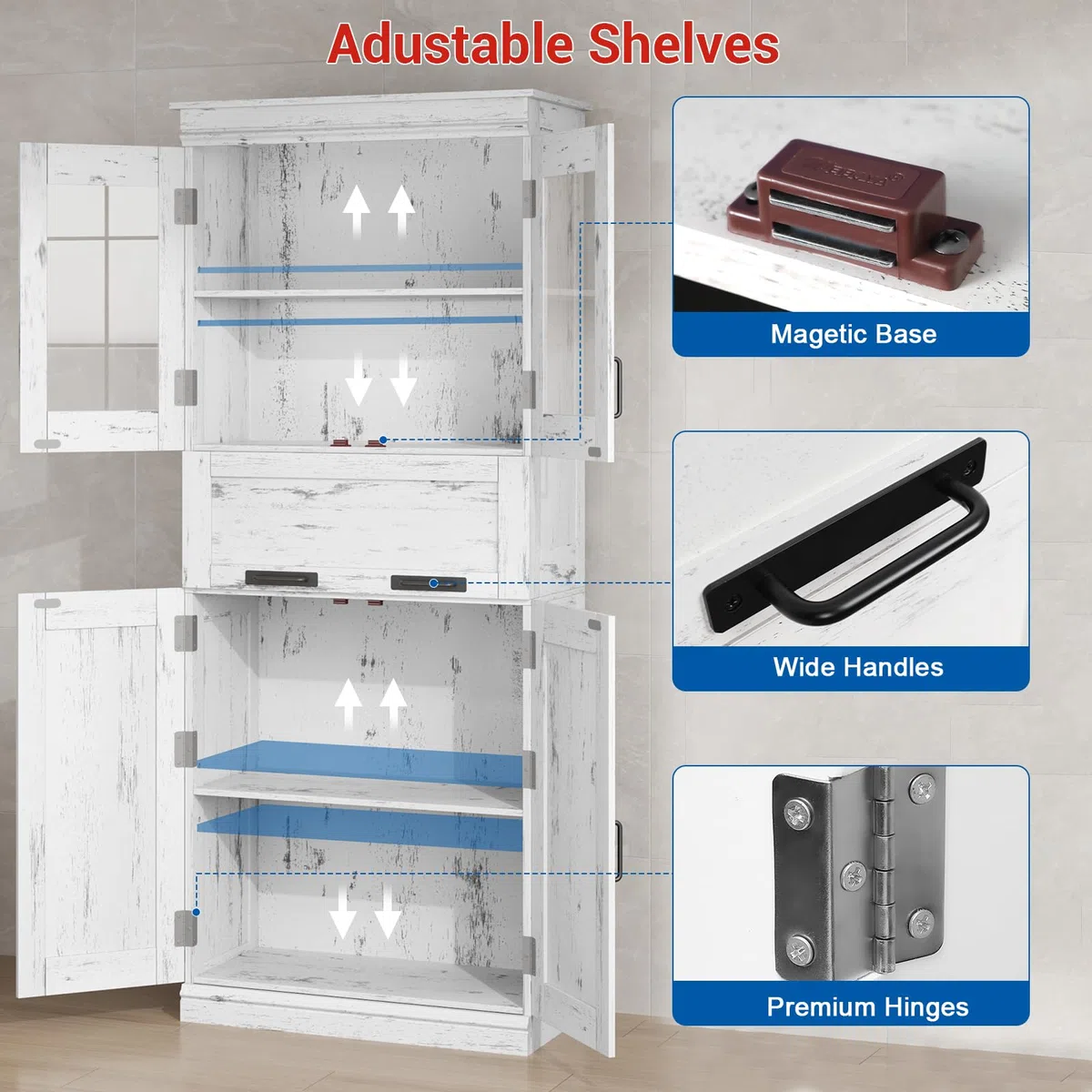 Garvee Armoire Haute Salle de Bain, Colonne, Meuble de Rangement à 4 Portes, Étagères Réglables Et Compartiments Tiroirs pour Cuisine, Salon 60x30x170cm