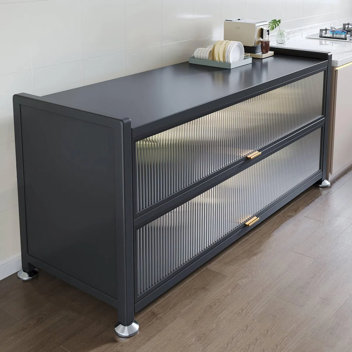 Table de cuisine multicouche avec rangement anti-poussière et armoire latérale pour four à micro-ondes, station de travail polyvalente pour salle à manger et préparation des aliments, 100 x 44 x 85 cm