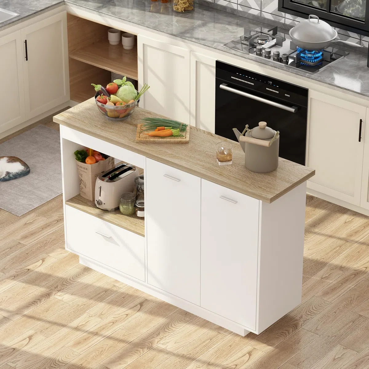 Buffet de Cuisine Blanc et chêne avec Plan de Travail, 150 cm